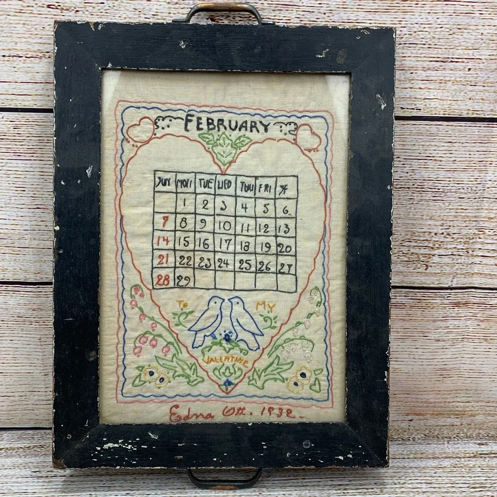 Vintage 1932 February Calendar‎ Framed Metal Handles Hand Embroidered